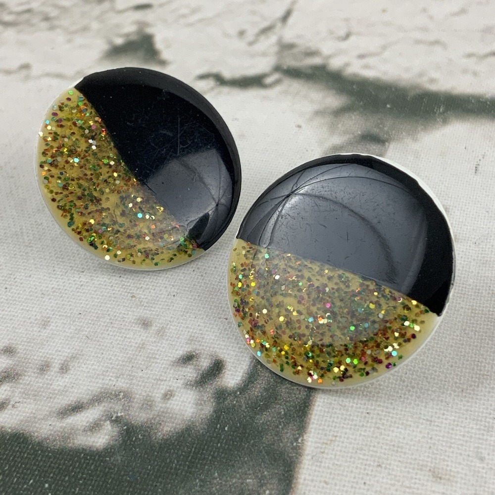 Art Deco Vintage 90's Stud Earrings Black Gold Glitter Round Chunky